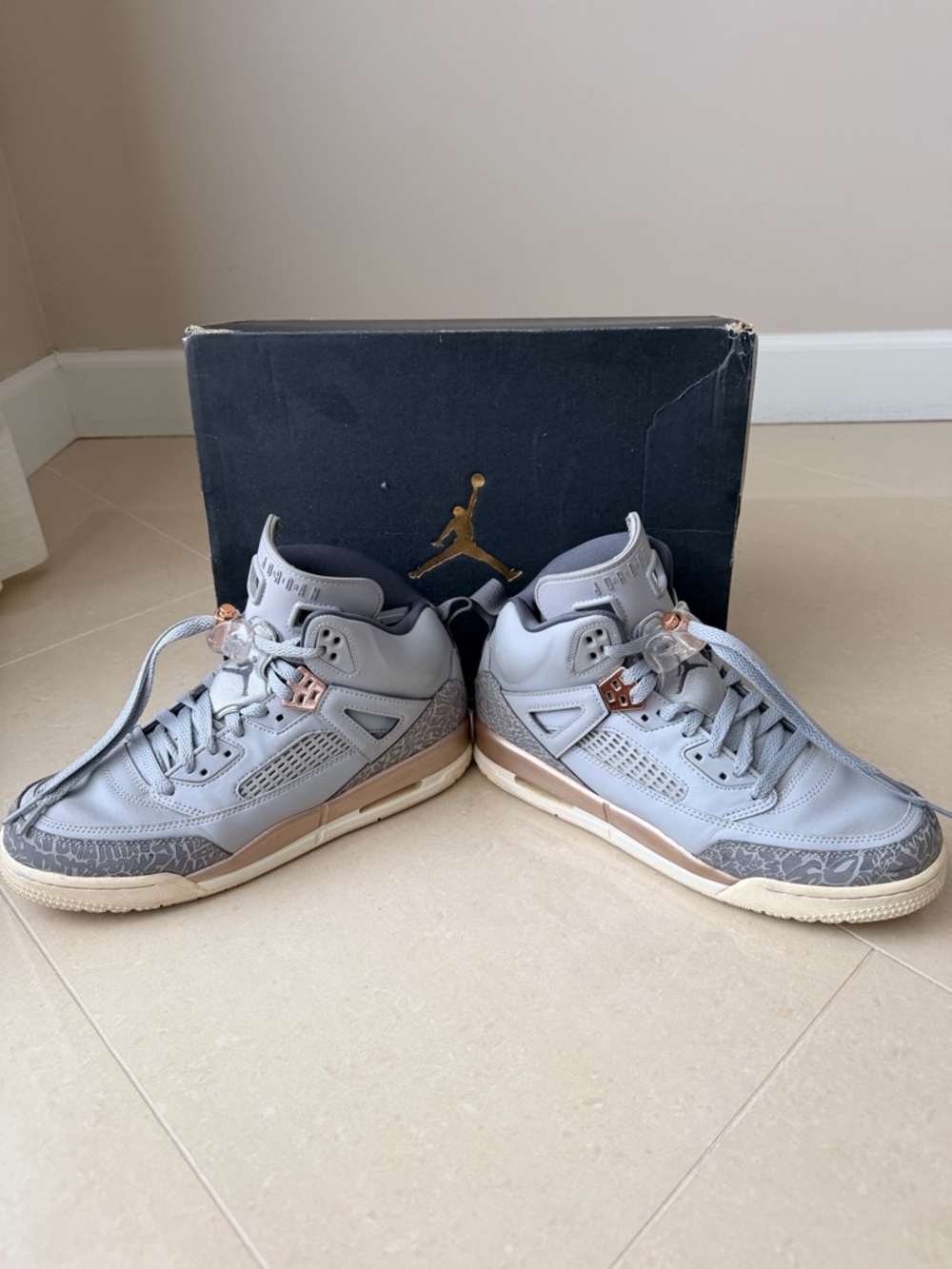 Jordan Spizike high-top Wolf Grey Sneakers with Rose Gold Hardware